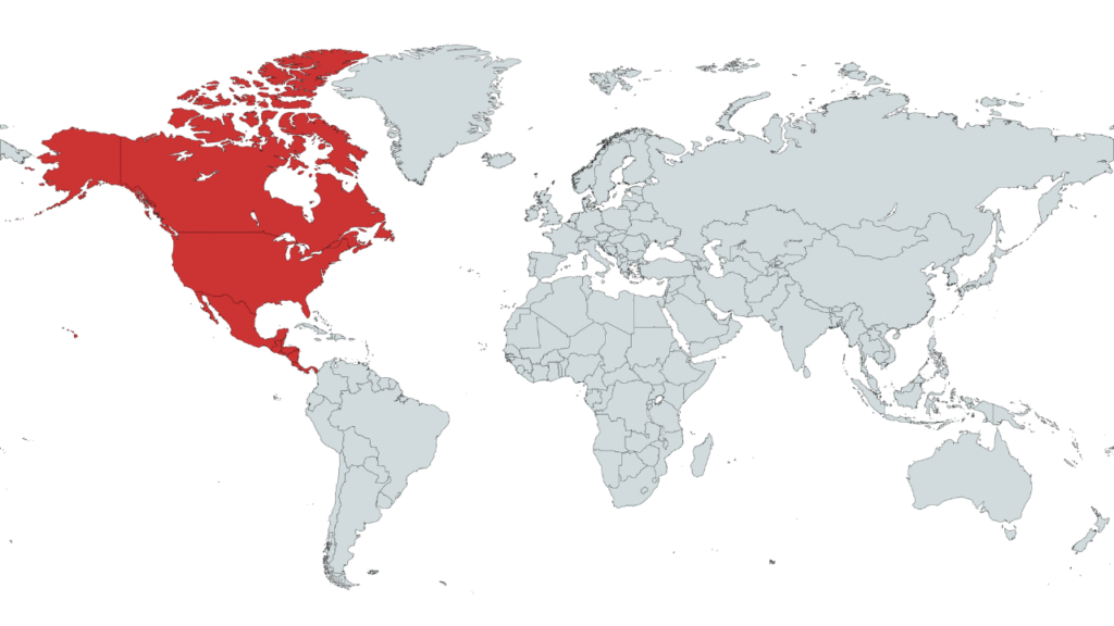 carte du monde mettant en évidance l'Amérique du nord et l'amérique centrale : Canada, États-Unis, Mexique, Guatemala, Belize, Salvador, Honduras, Nicaragua, Costa Rica, Panama